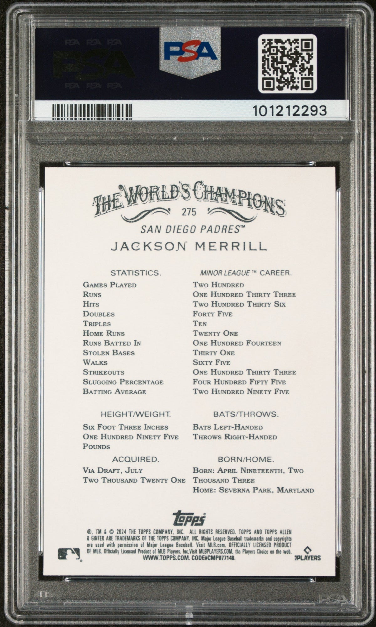 Graded 2024 Topps Allen & Ginter Jackson Merrill #275 Rookie RC Baseball Card PSA 10 Gem Mint