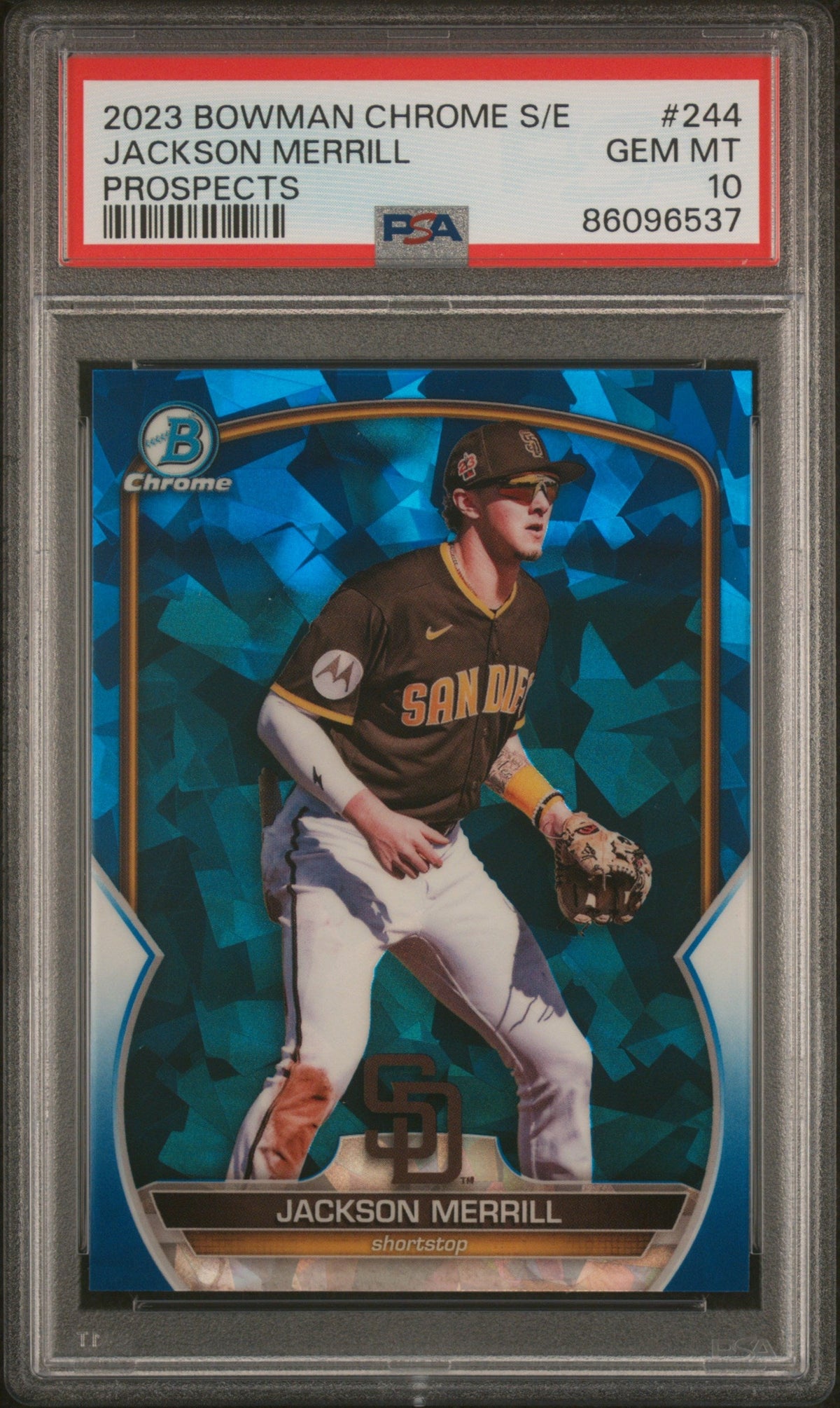 Graded 2023 Topps Bowman Chrome S/E Jackson Merrill #244 Prospects Rookie RC Baseball Card PSA 10 Gem Mint