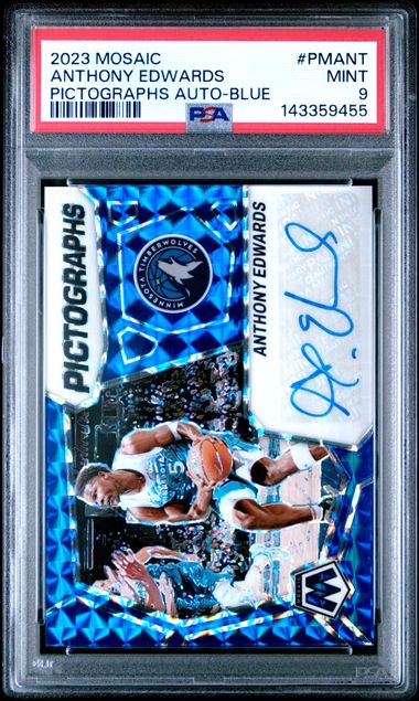 Graded 2023 Panini Mosaic Anthony Edwards #PMANT /49 Pictographs Blue Auto Basketball Card PSA 9 Mint