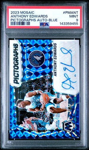 Graded 2023 Panini Mosaic Anthony Edwards #PMANT /49 Pictographs Blue Auto Basketball Card PSA 9 Mint