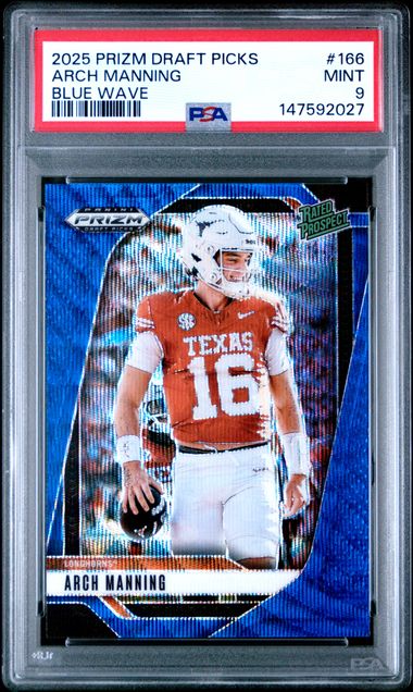 Graded 2025 Panini Prizm Draft Picks Arch Manning #166 /299 Blue Wave Rated Prospect Rookie RC Football Card PSA 9 Mint