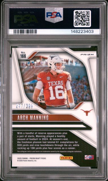 Graded 2025 Panini Prizm Draft Picks Arch Manning #166 /399 Red Prizm Rated Prospect Rookie RC Football Card PSA 10 Gem Mint