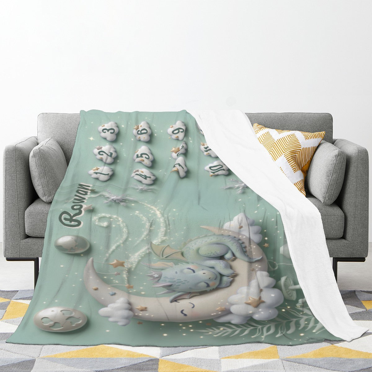 Personalised Baby Milestone Blanket | Sleeping Dragon & Moon 3D Deluxe