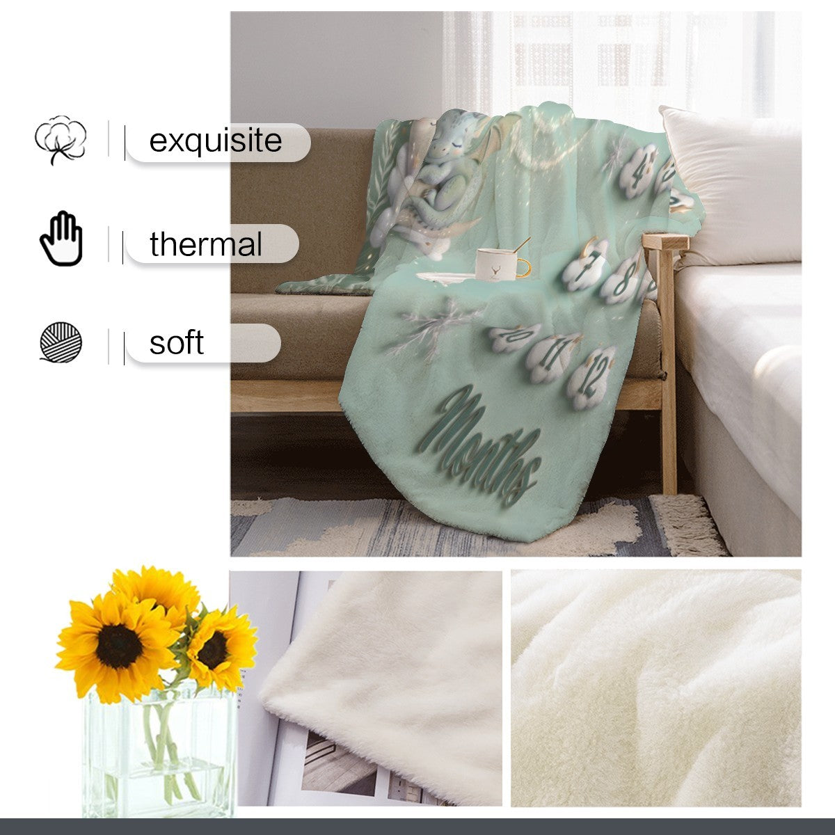 Personalised Baby Milestone Blanket | Sleeping Dragon & Moon 3D Deluxe