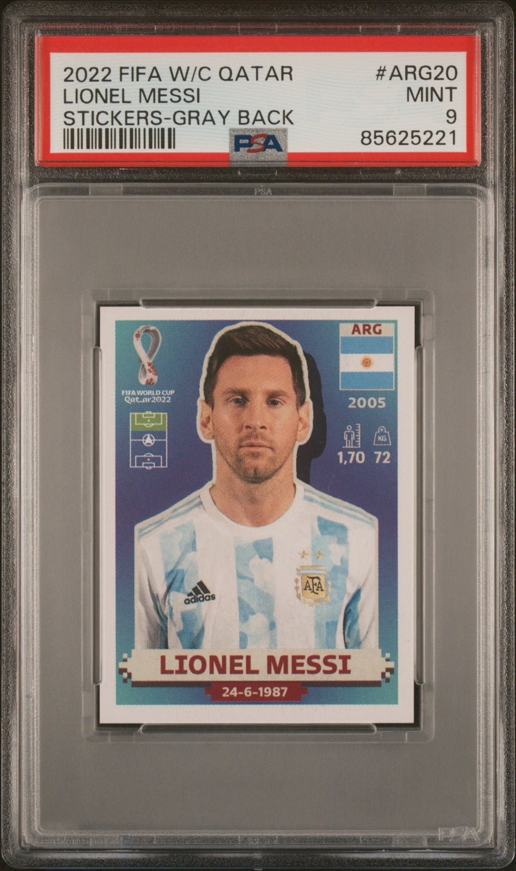 Graded 2022 Panini World Cup Lionel Messi #ARG20 Gray Back Soccer Sticker Card PSA 9 Mint