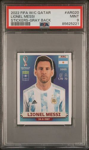 Graded 2022 Panini World Cup Lionel Messi #ARG20 Gray Back Soccer Sticker Card PSA 9 Mint