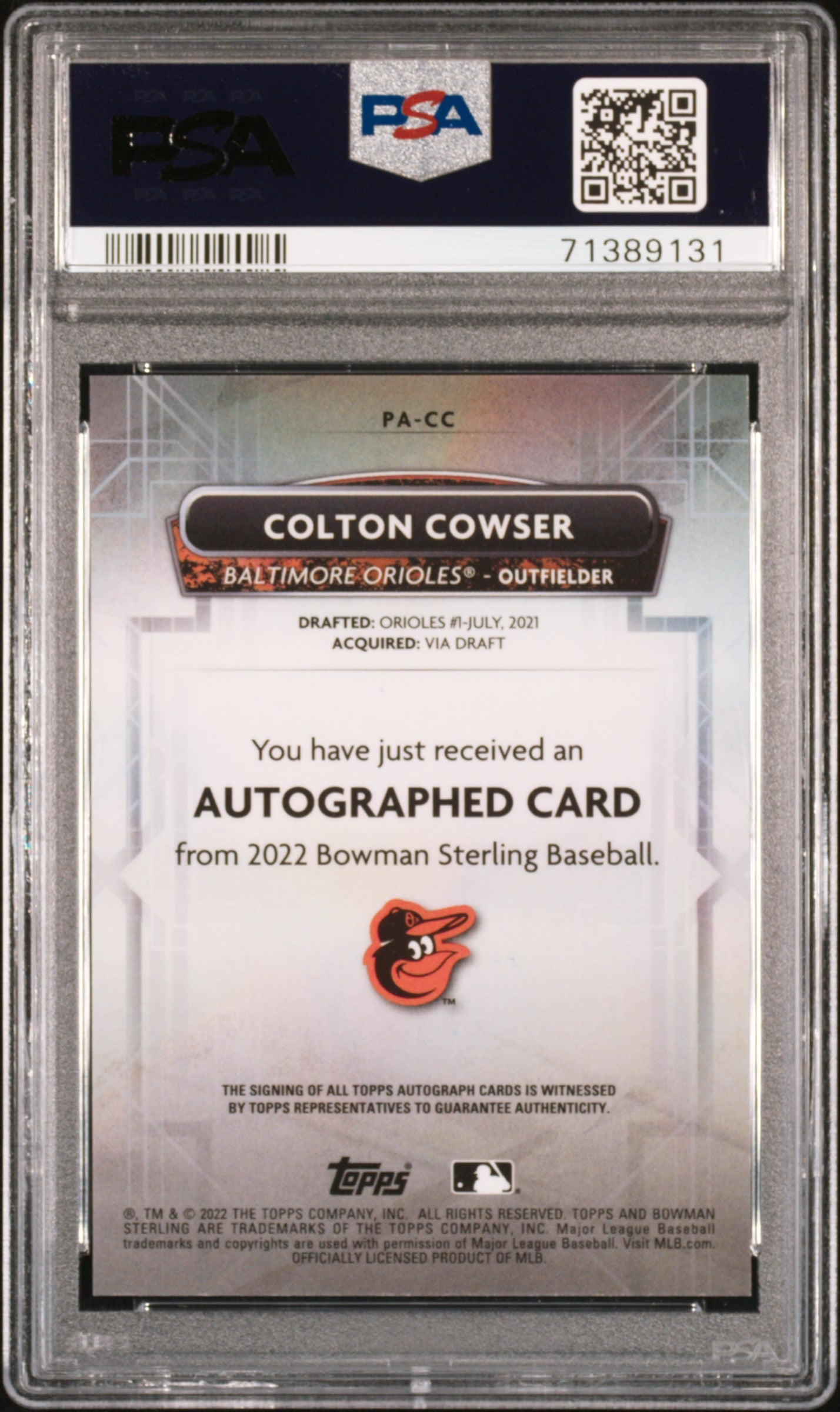 Graded 2022 Topps Bowman Sterling Colton Cowser #PACC Prospect Autographs Rookie RC Baseball Card PSA 10 Gem Mint