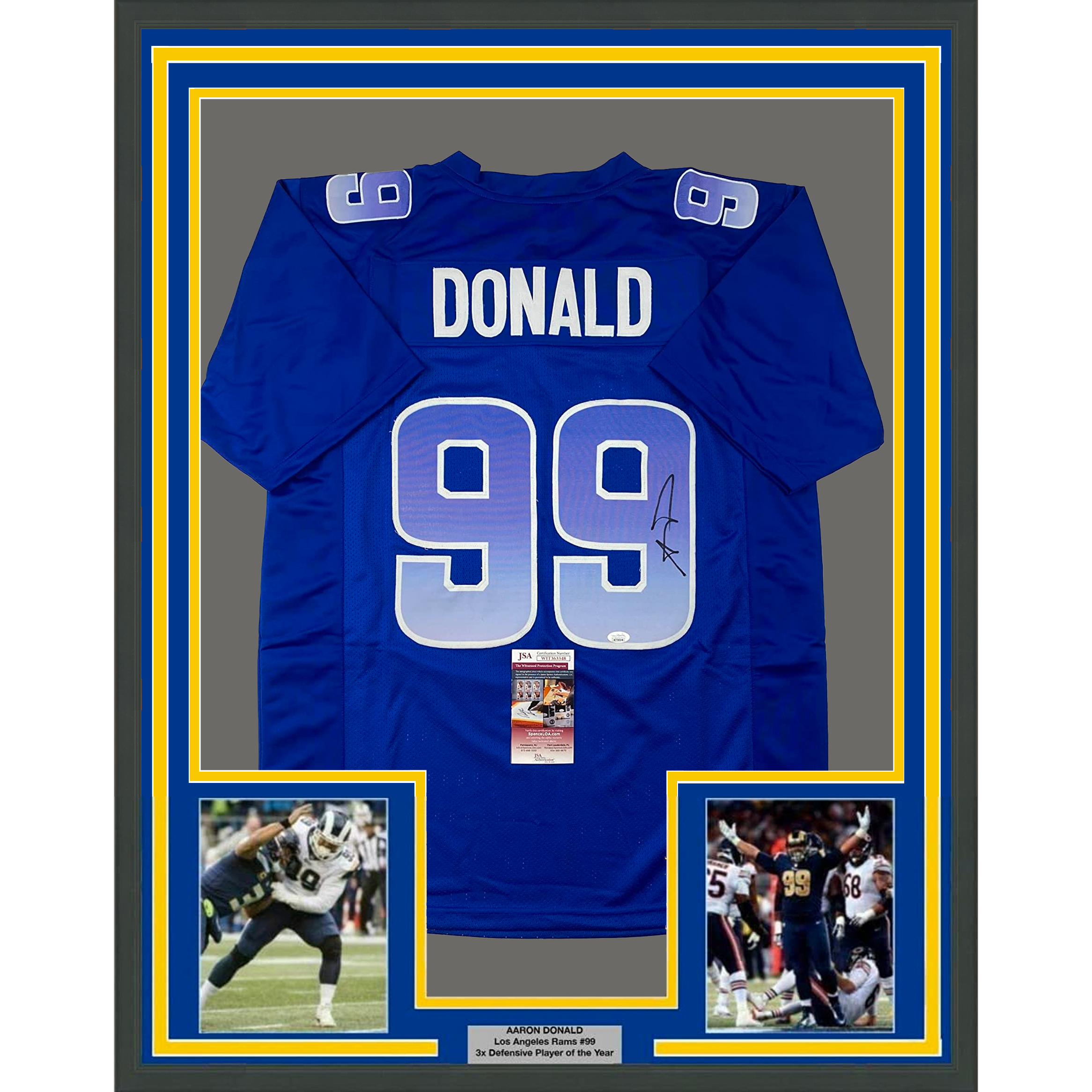 Framed Autographed/Signed Aaron Donald 35x39 Los Angeles Blue Pro Bowl Football Jersey JSA COA