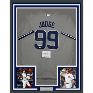 Framed Autographed/Signed Aaron Judge 35x39 New York Yankees Authentic Majestic Grey Baseball Jersey Fanatics COA