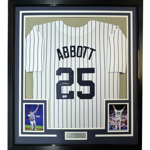 Framed Autographed/Signed Jim Abbott 35x39 New York White Pinstripe Baseball Jersey Beckett BAS COA