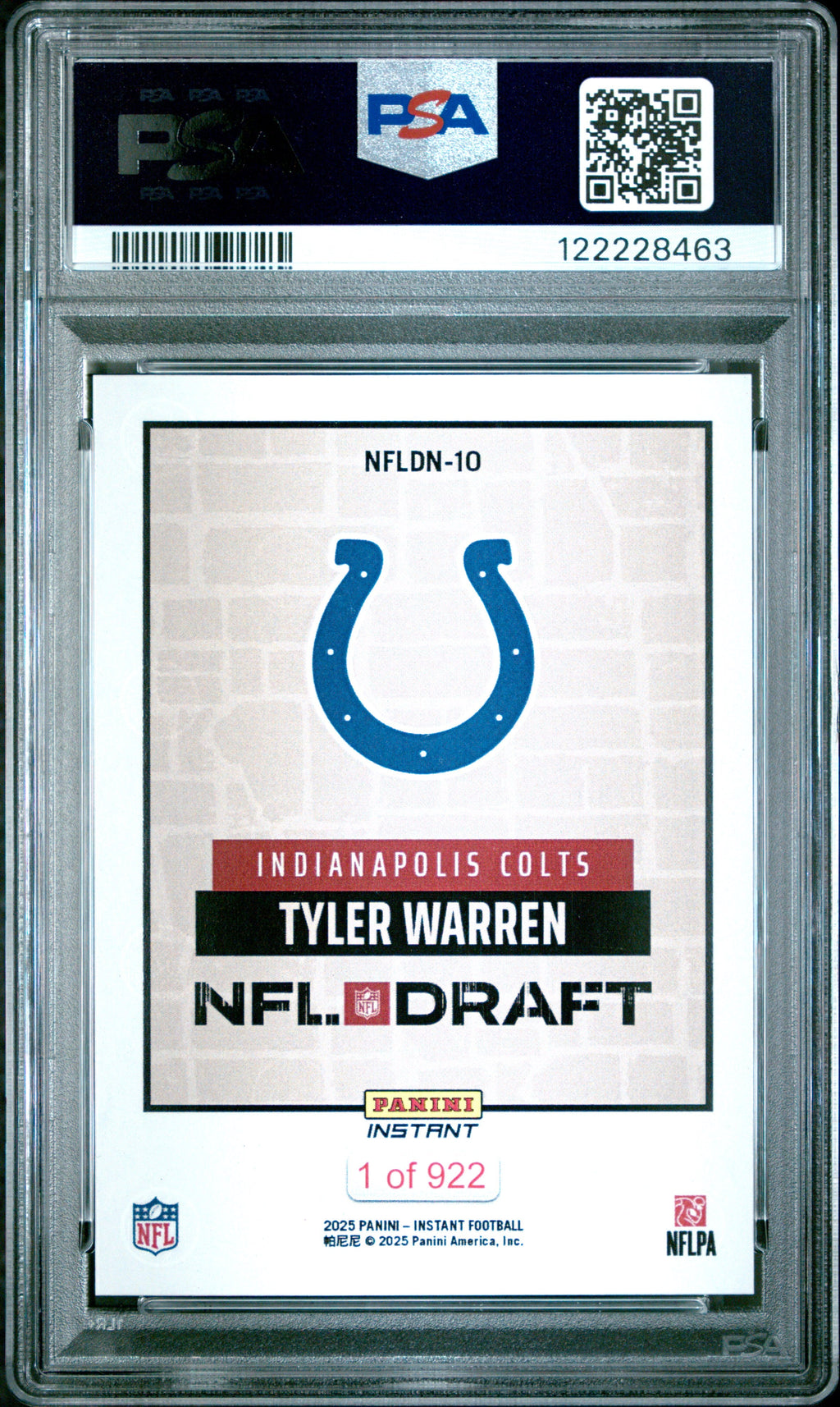 Graded 2025 Panini Instant Tyler Warren #NFLDN10 NFL Draft Night Rookie RC Football Card PSA 9 Mint