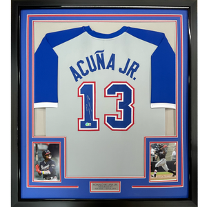 Framed Autographed/Signed Ronald Acuna Jr. 35x39 Atlanta Grey Retro Baseball Jersey Beckett BAS COA