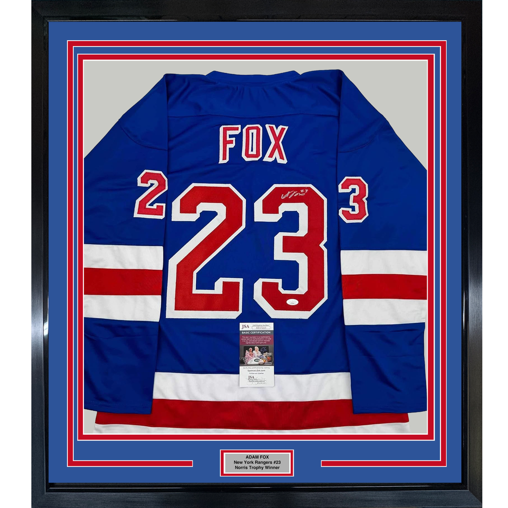 Framed Autographed/Signed Adam Fox 35x39 New York Blue Hockey Jersey JSA COA