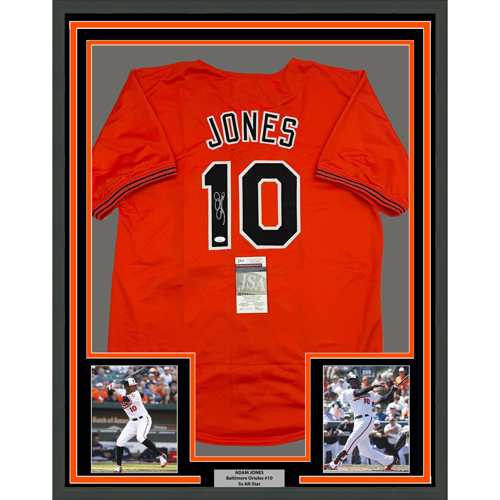 Framed Autographed/Signed Adam Jones 35x39 Baltimore Orange Baseball Jersey JSA COA