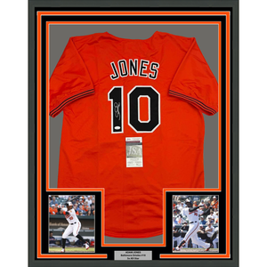 Framed Autographed/Signed Adam Jones 35x39 Baltimore Orange Baseball Jersey JSA COA