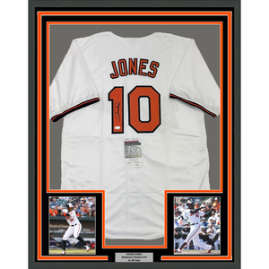 Framed Autographed/Signed Adam Jones 35x39 Baltimore White Baseball Jersey JSA COA