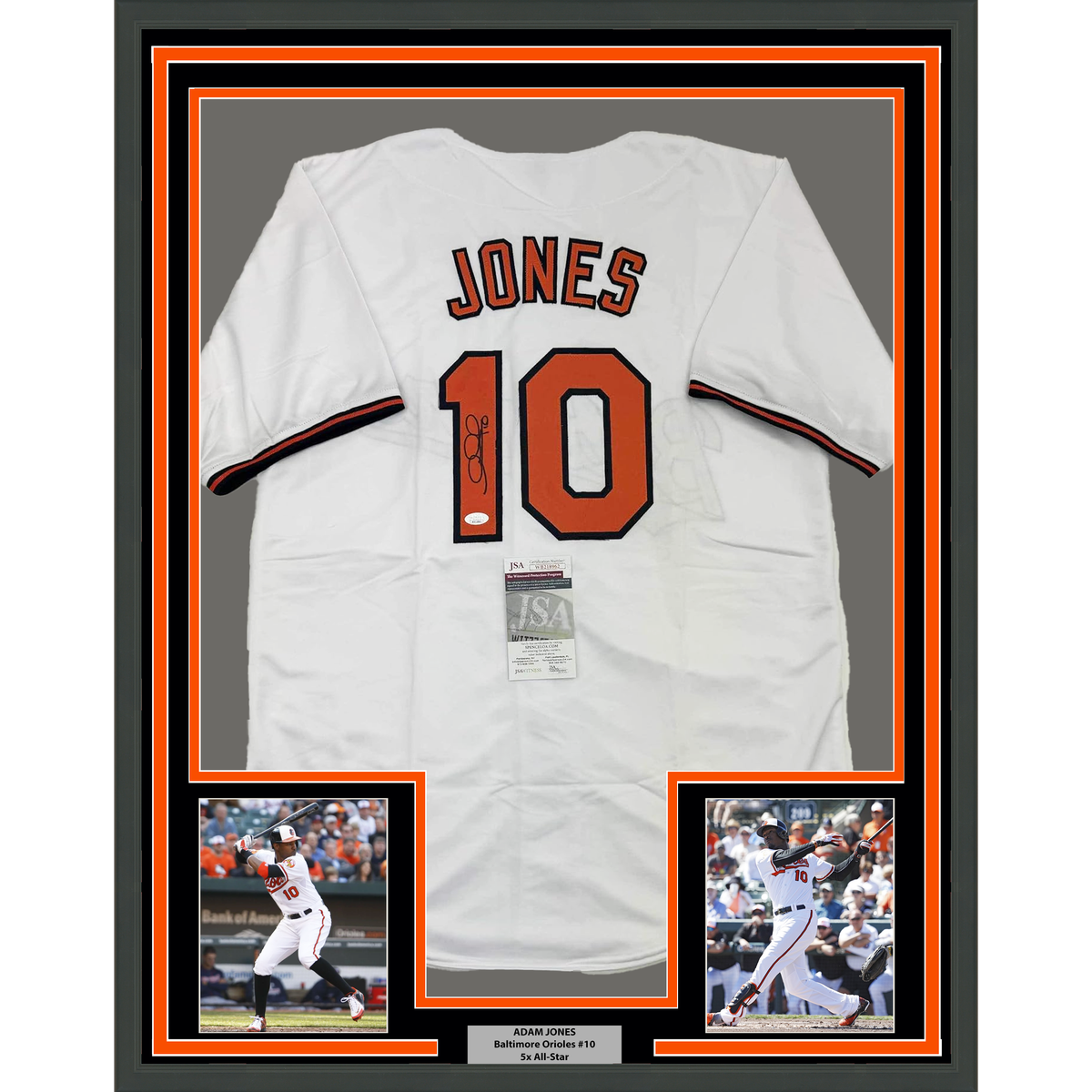 Framed Autographed/Signed Adam Jones 35x39 Baltimore White Baseball Jersey JSA COA