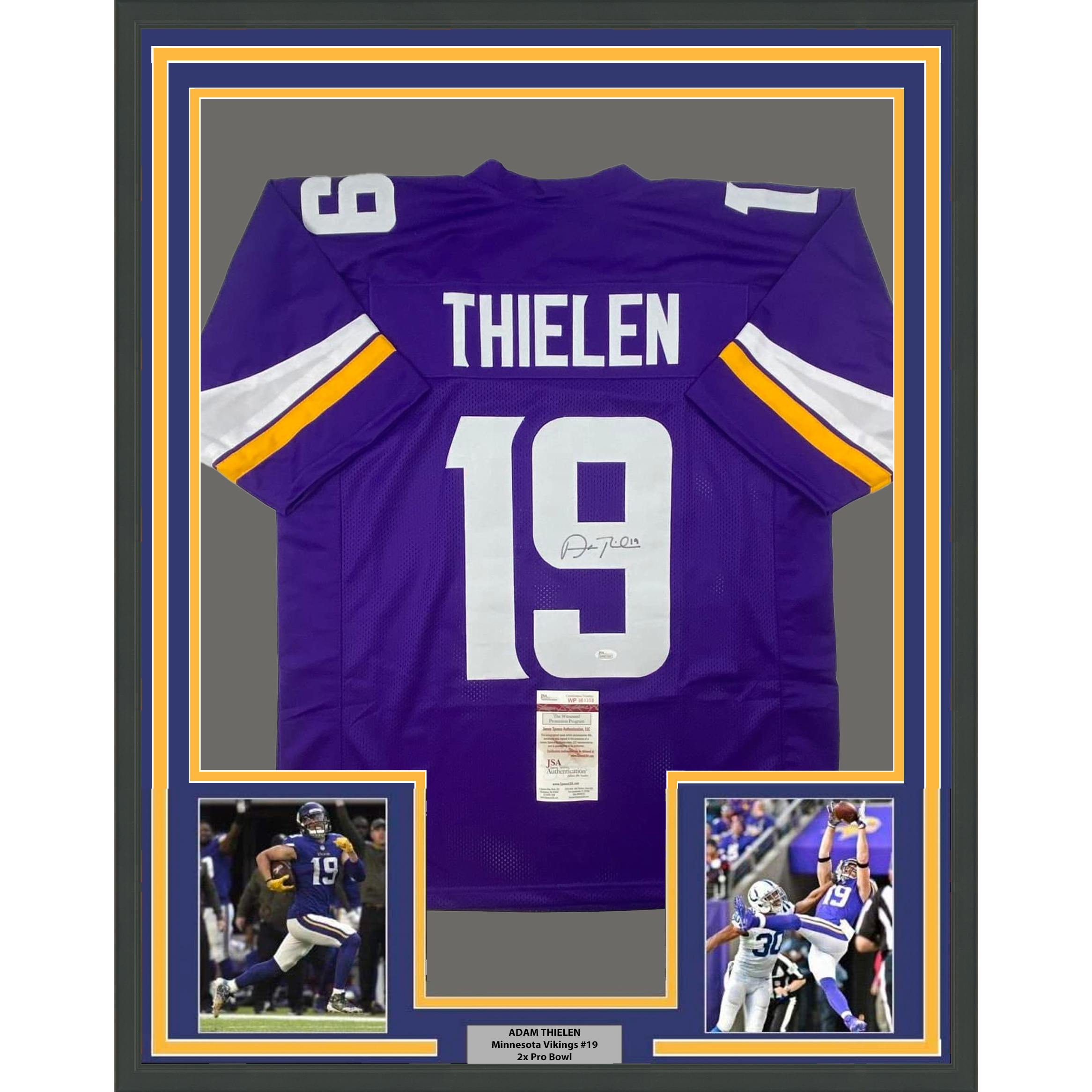 Framed Autographed/Signed Adam Thielen 35x39 Minnesota Purple Football Jersey JSA COA