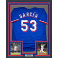 Framed Autographed/Signed Adolis Garcia 35x39 Texas Blue Baseball Jersey Beckett BAS COA