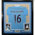 Framed Autographed/Signed Sergio Kun Aguero 35x39 Manchester City Blue Soccer Futbol Jersey Beckett BAS COA