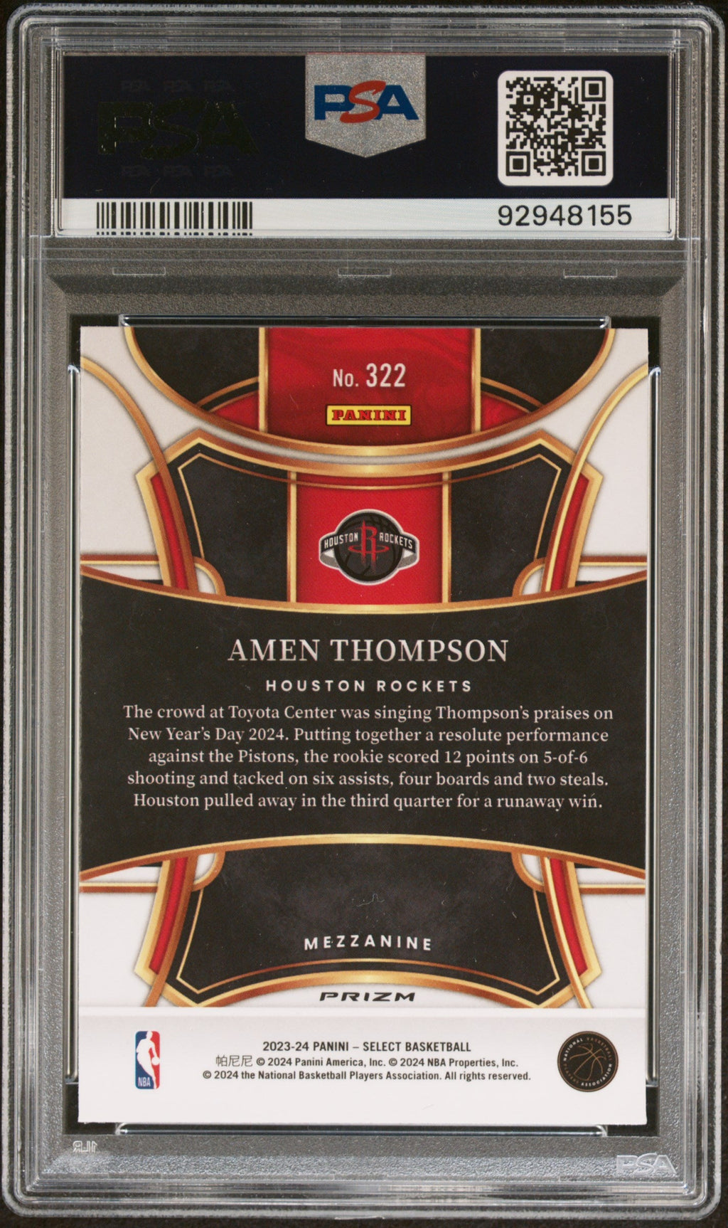 Graded 2023 Panini Select Amen Thompson #322 Orange Tectonic Rookie RC Basketball Card PSA 10 Gem Mint