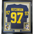 Framed Autographed/Signed Aidan Hutchinson 35x39 Michigan Blue College Football Jersey Beckett BAS COA