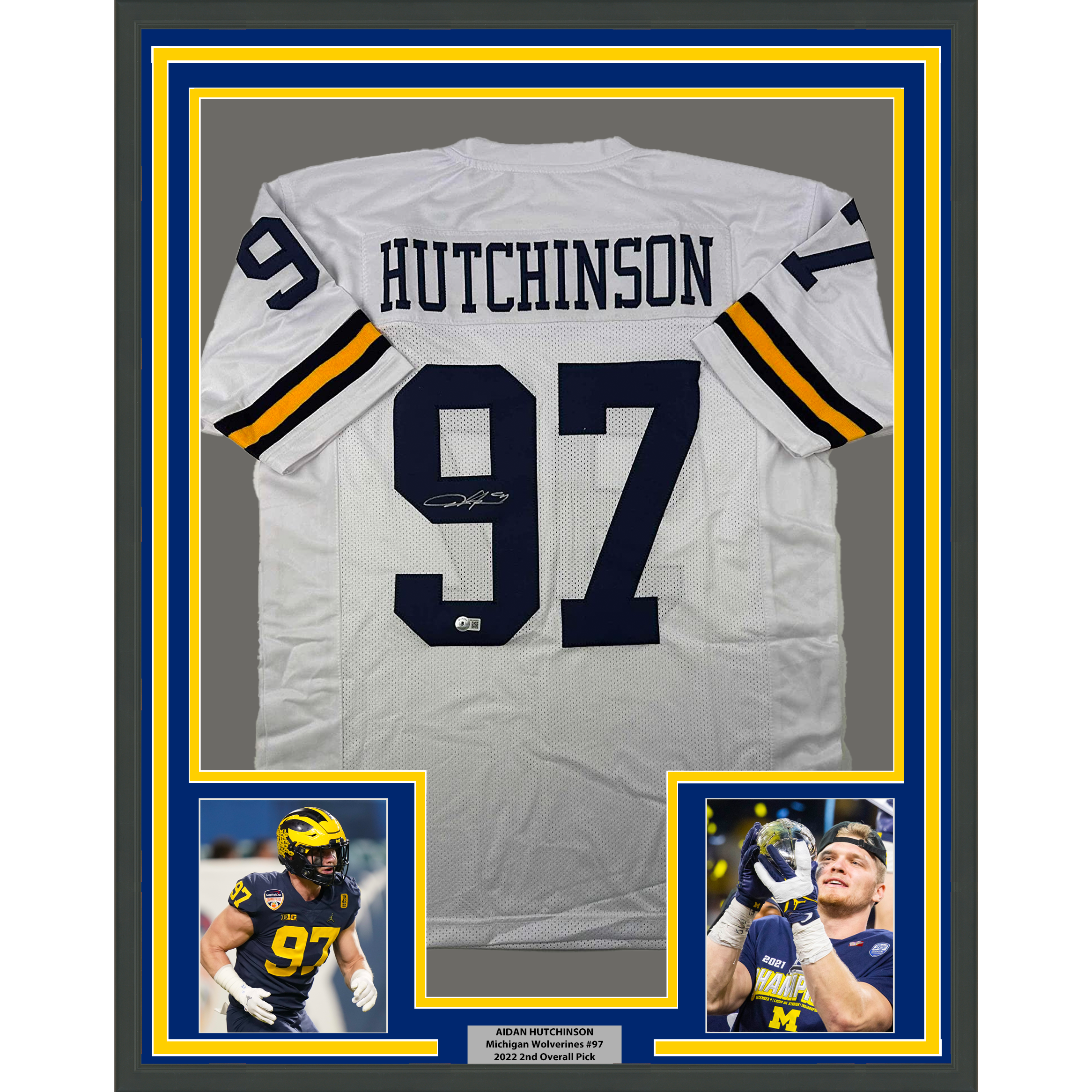 Framed Autographed/Signed Aidan Hutchinson 35x39 Michigan White College Football Jersey Beckett BAS COA
