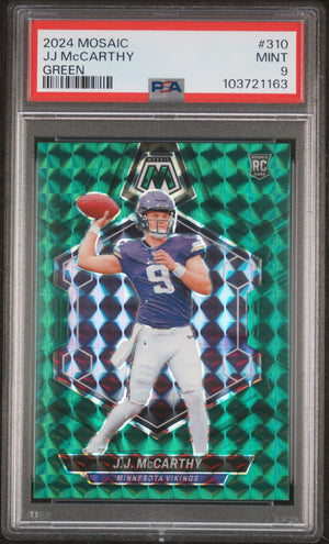 Graded 2024 Panini Mosaic JJ McCarthy #310 Green Rookie RC Football Card PSA 9 Mint