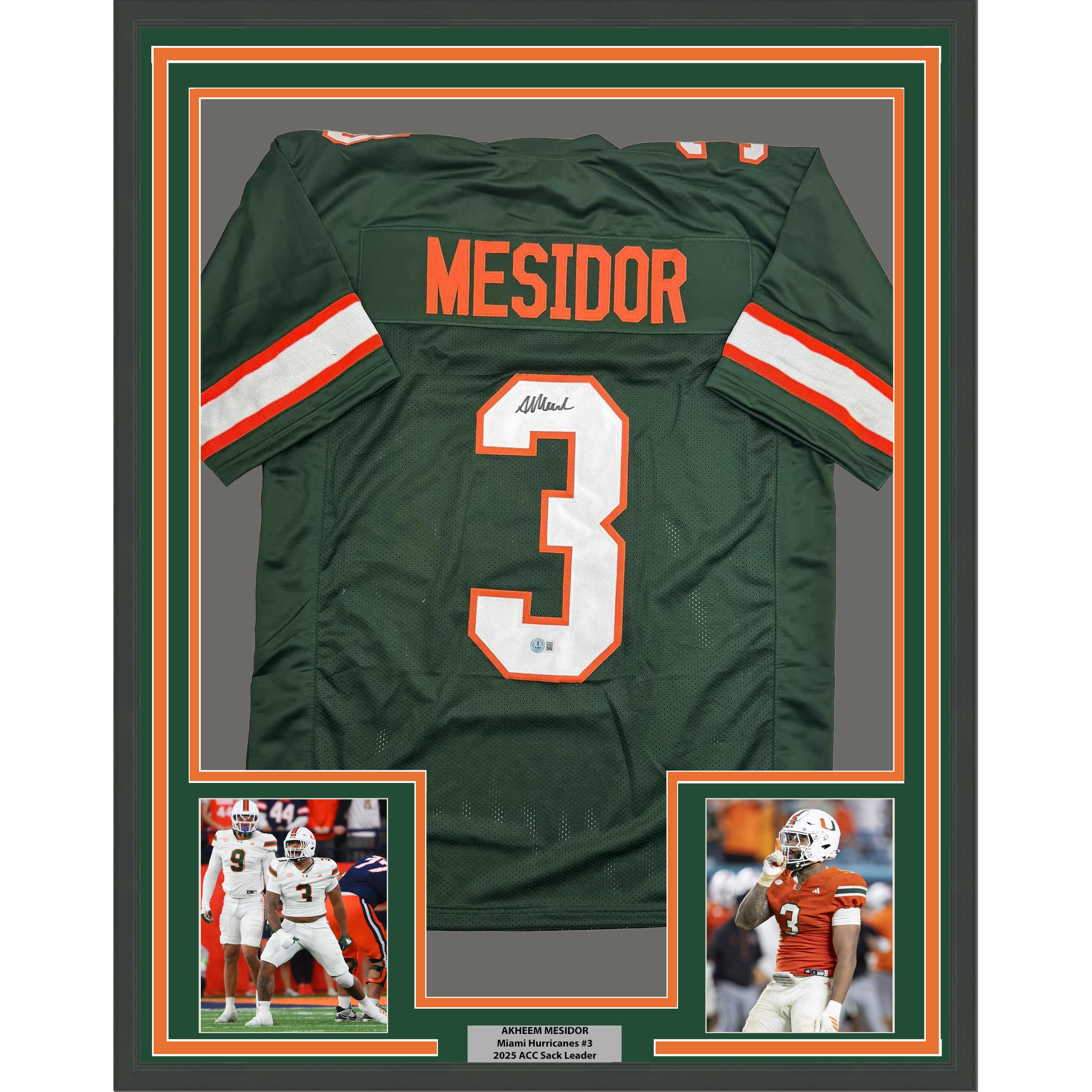 Framed Autographed/Signed Akheem Mesidor 35x39 Miami Green College Football Jersey Beckett BAS COA