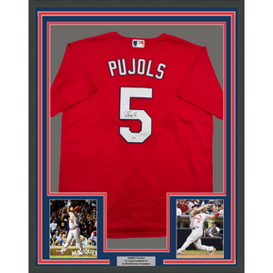 Framed Autographed/Signed Albert Pujols 35x39 St. Louis Red Baseball Jersey Beckett BAS COA