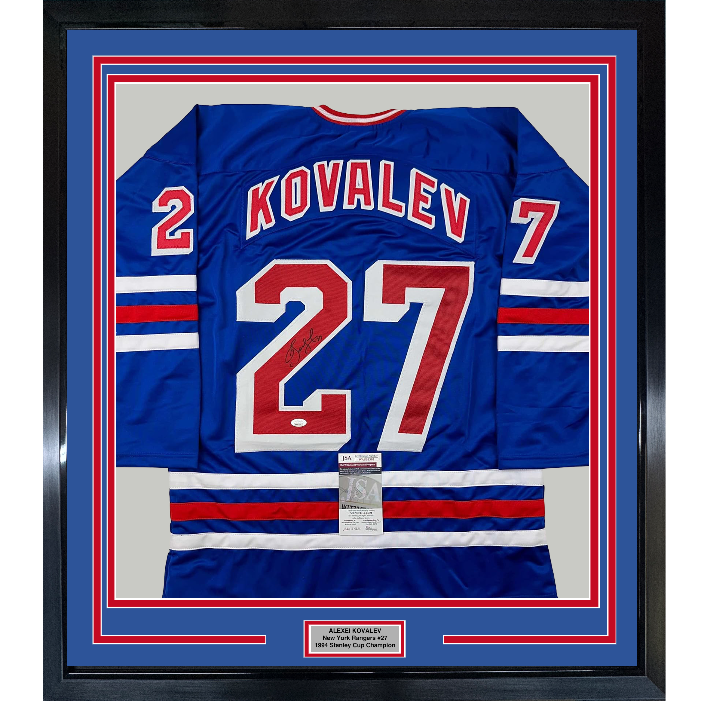 Framed Autographed/Signed Alexei Kovalev 35x39 New York Blue Hockey Jersey JSA COA