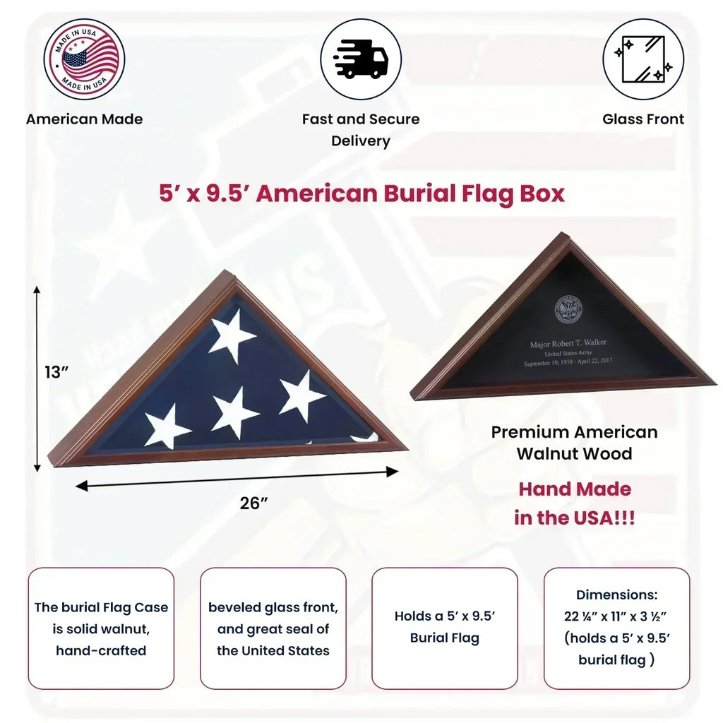 American Burial Flag Box, American Made Walnut Flag Case.