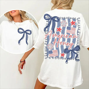 "American Honey" Coquette 4th Of July T-Shirt – Girly Vintage USA Graphic Tee, Premium 100% Cotton Independence Day Top, Made in USA