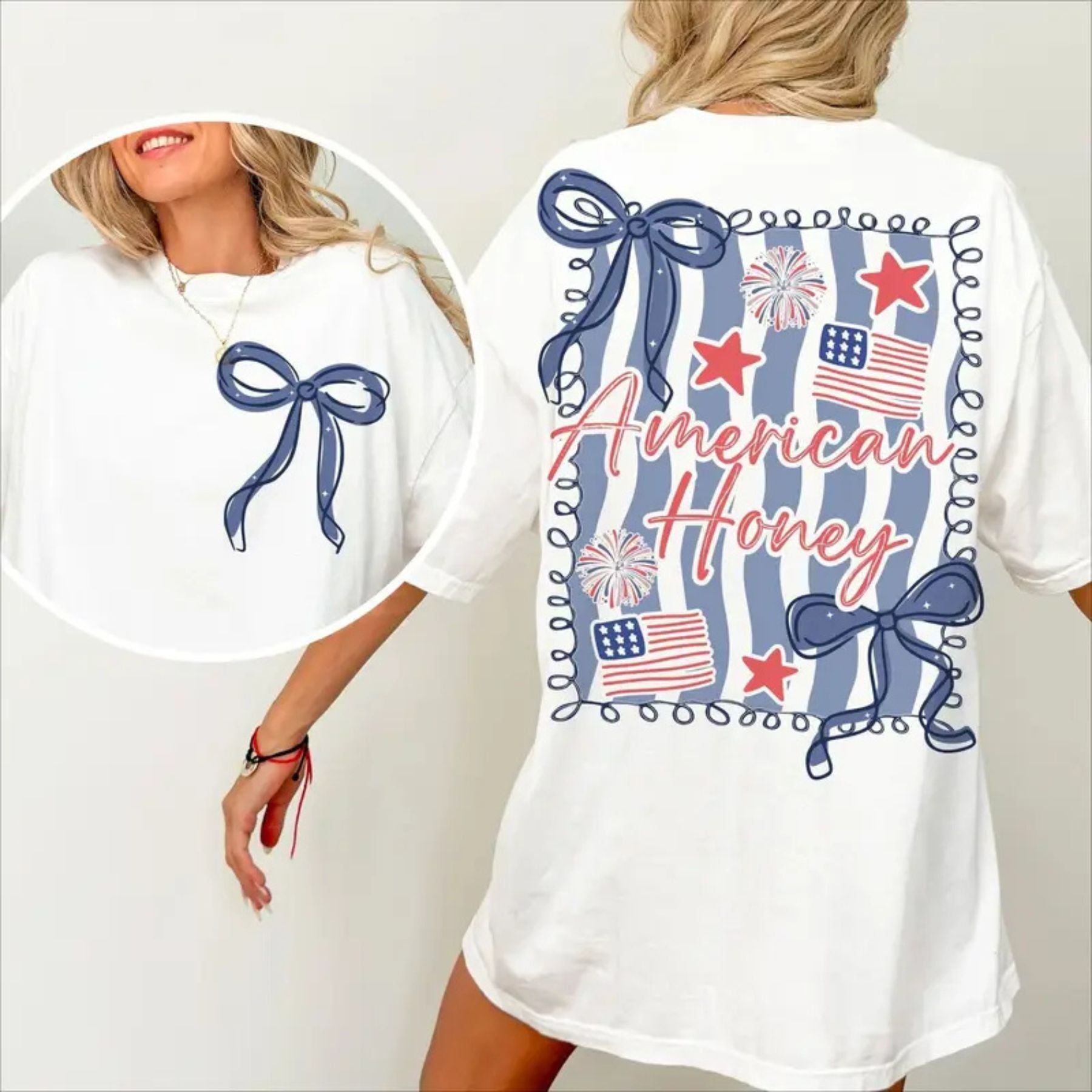 "American Honey" Coquette 4th Of July T-Shirt – Girly Vintage USA Graphic Tee, Premium 100% Cotton Independence Day Top, Made in USA