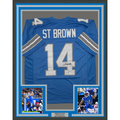 Framed Autographed/Signed Amon-Ra St. Brown 35x39 Detroit Current Blue Football Jersey Beckett BAS COA