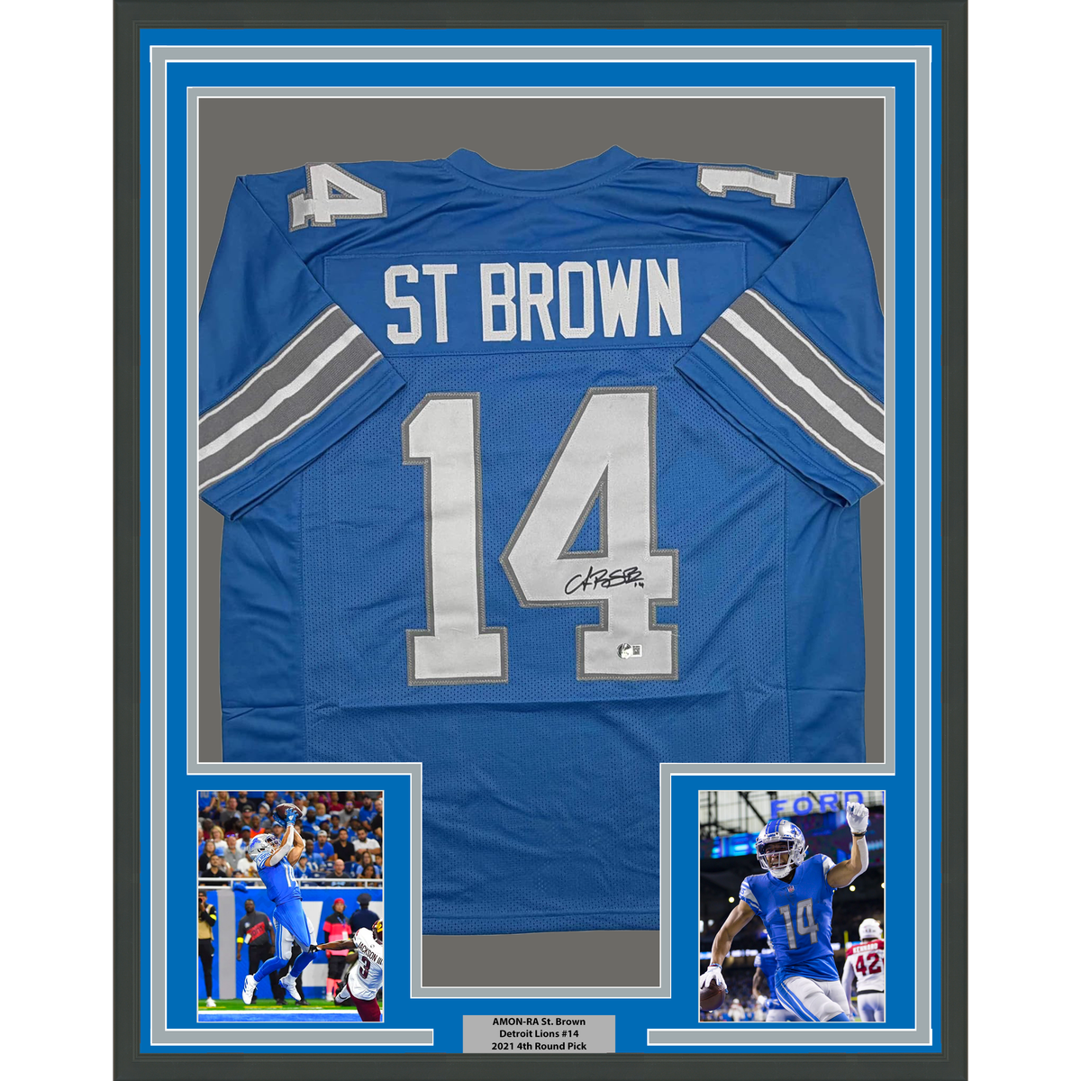 Framed Autographed/Signed Amon-Ra St. Brown 35x39 Detroit Current Blue Football Jersey Beckett BAS COA