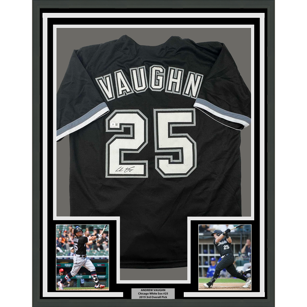 Framed Autographed/Signed Andrew Vaughn 35x39 Chicago Black Baseball Jersey Beckett BAS COA
