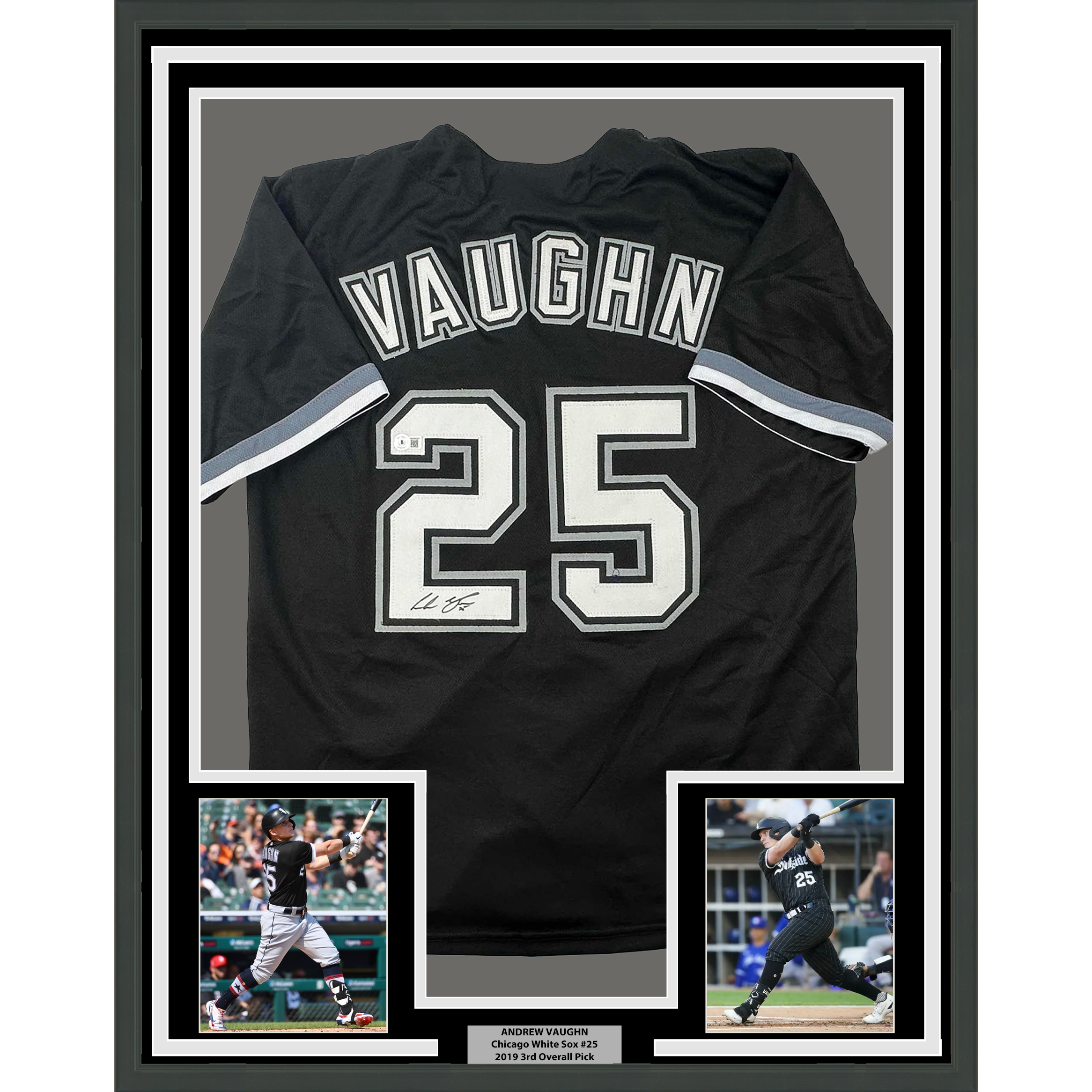 Framed Autographed/Signed Andrew Vaughn 35x39 Chicago Black Baseball Jersey Beckett BAS COA