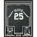 Framed Autographed/Signed Andrew Vaughn 35x39 Chicago Black Pinstripe City Edition Baseball Jersey Beckett BAS COA