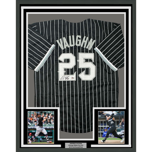 Framed Autographed/Signed Andrew Vaughn 35x39 Chicago Black Pinstripe City Edition Baseball Jersey Beckett BAS COA