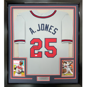 Framed Autographed/Signed Andruw Jones 35x39 Atlanta Grey Baseball Jersey PSA/DNA COA