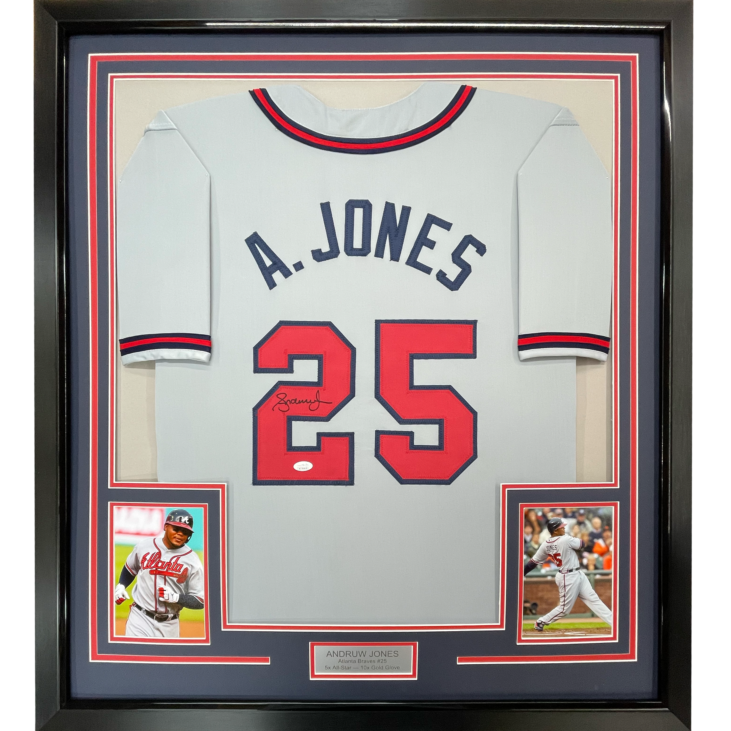 Framed Autographed/Signed Andruw Jones 35x39 Atlanta Grey Baseball Jersey PSA/DNA COA