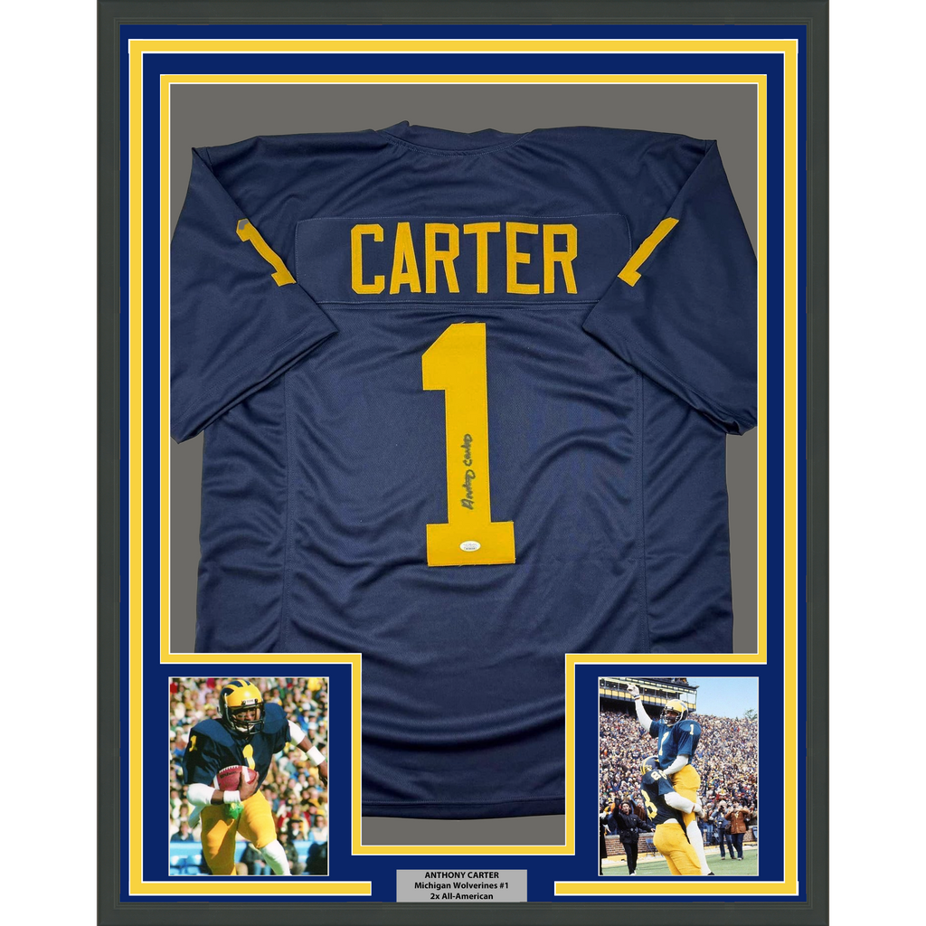 Framed Autographed/Signed Anthony Carter 35x39 Michigan Blue College Football Jersey JSA COA