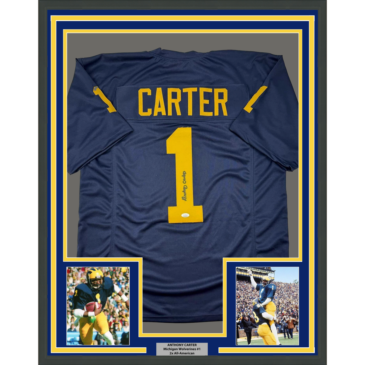 Framed Autographed/Signed Anthony Carter 35x39 Michigan Blue College Football Jersey JSA COA