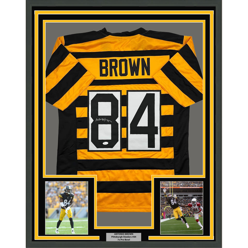 Framed Autographed/Signed Antonio Brown 35x39 Pittsburgh Bumble Bee Football Jersey JSA COA