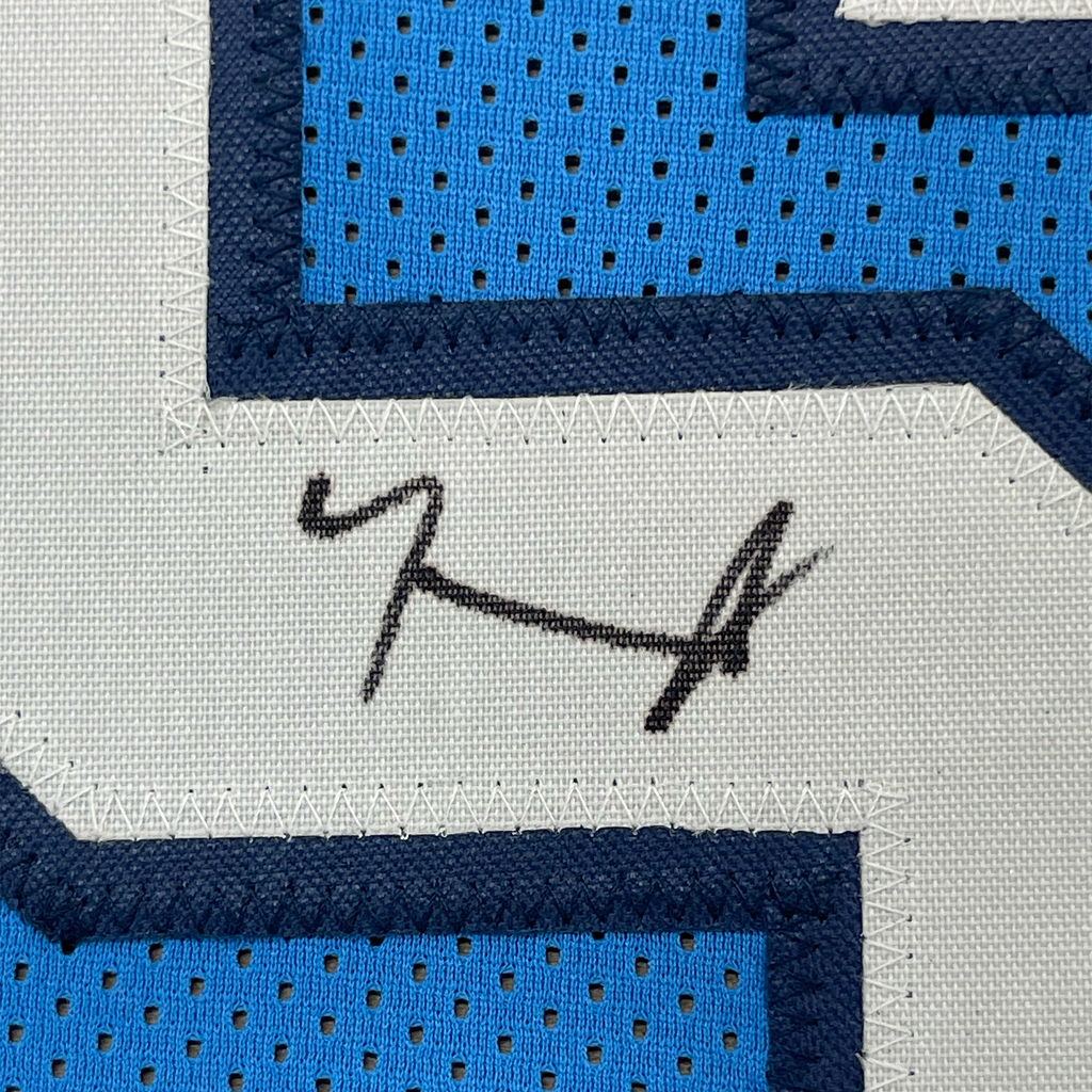 Framed Autographed/Signed Armando Bacot 35x39 UNC North Carolina Blue College Basketball Jersey Beckett BAS COA