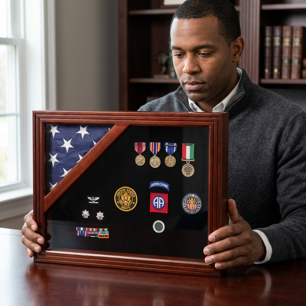 Military Award Shadow Box with Display Case for 3ft x 5ft Flag - Felt in Black.
