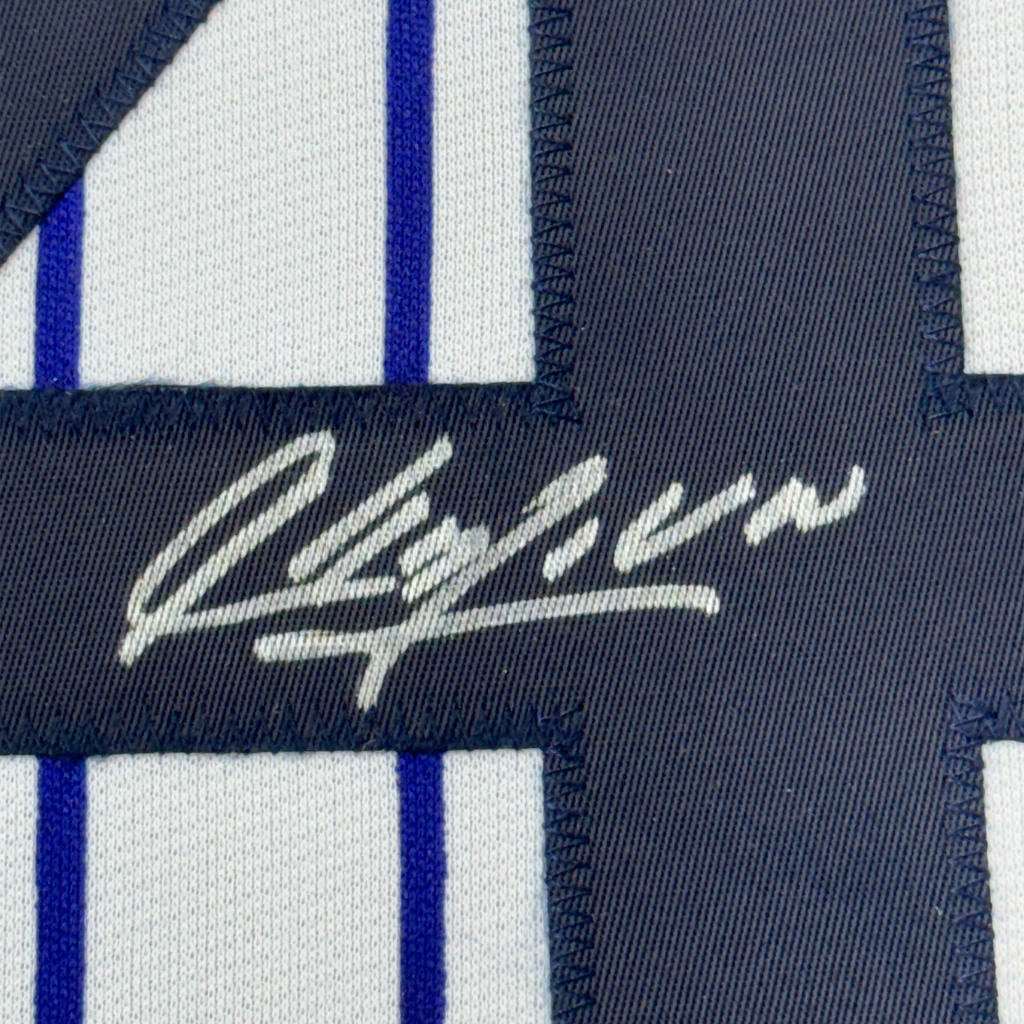 Framed Autographed/Signed Aroldis Chapman 35x39 New York Pinstripe Baseball Jersey Beckett BAS COA