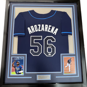 Framed Autographed/Signed Randy Arozarena 35x39 Tampa Bay Dark Blue Baseball Jersey JSA COA