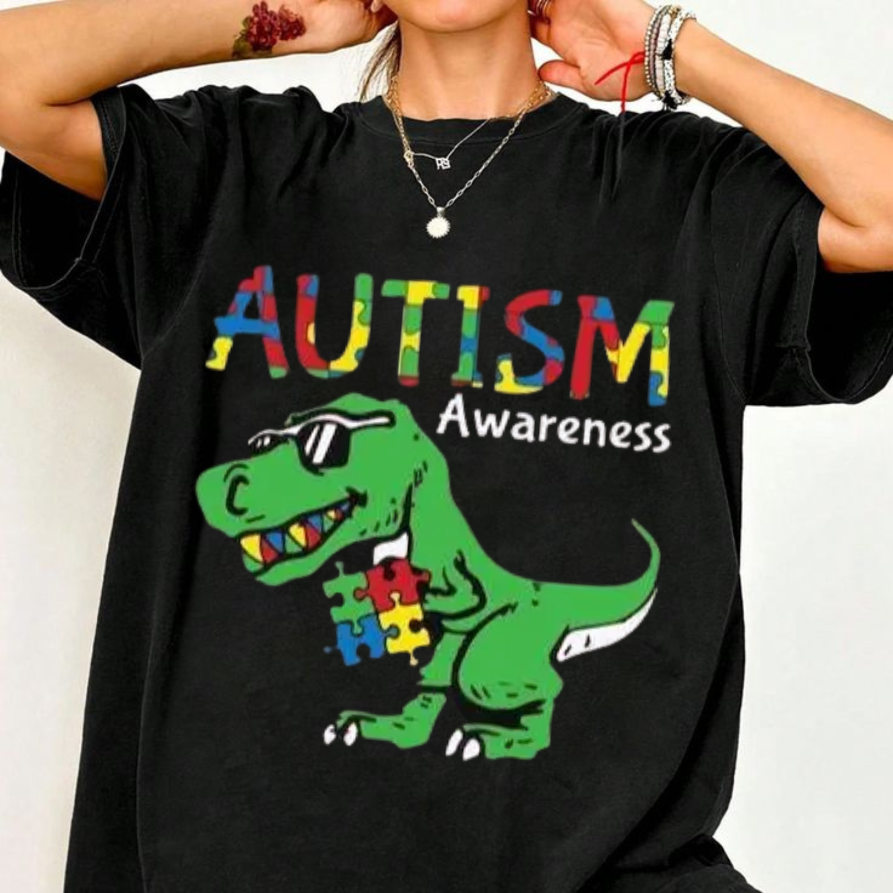 "Ausome Dino" Colorful Autism Tee – Cute Dinosaur Graphic Shirt